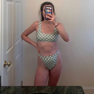 missguided green and white gingham high waisted high cut bikini
